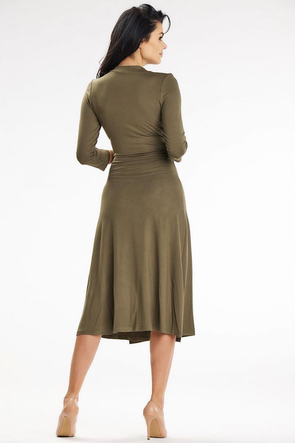 Chic back view of an olive midi dress by Awama, showcasing a flowing silhouette and 3/4 sleeves, perfect for a polished look.
