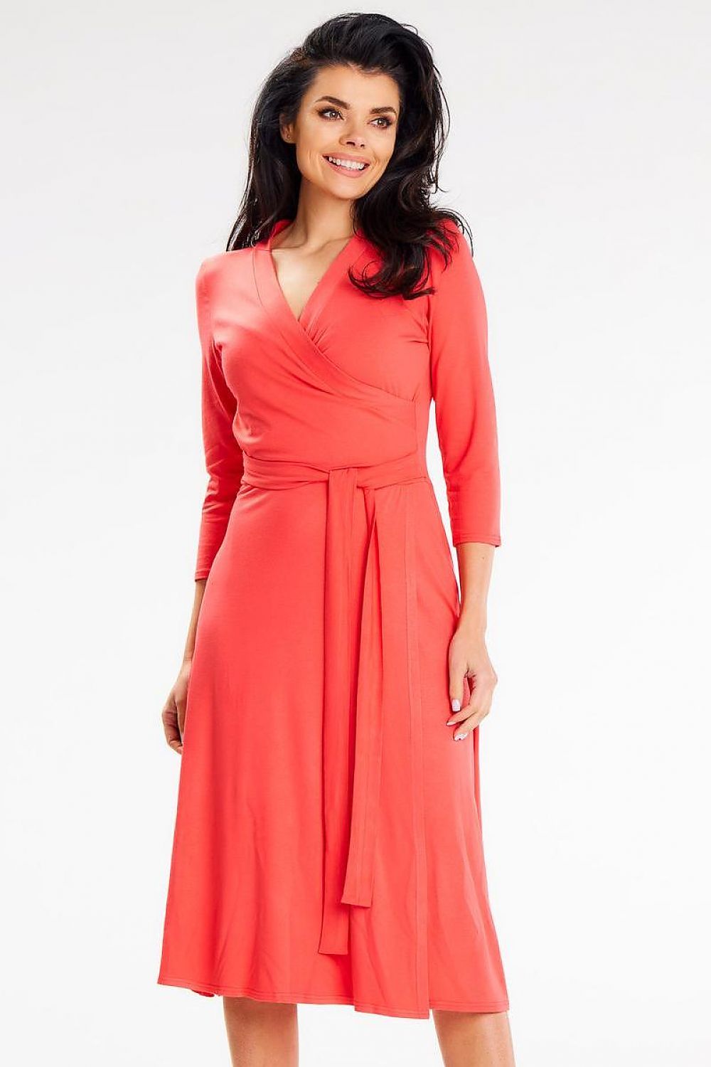 Vibrant coral midi dress by Awama with a fitted top and elegant waist tie, featuring 3/4 sleeves, ideal for glamorous outings.