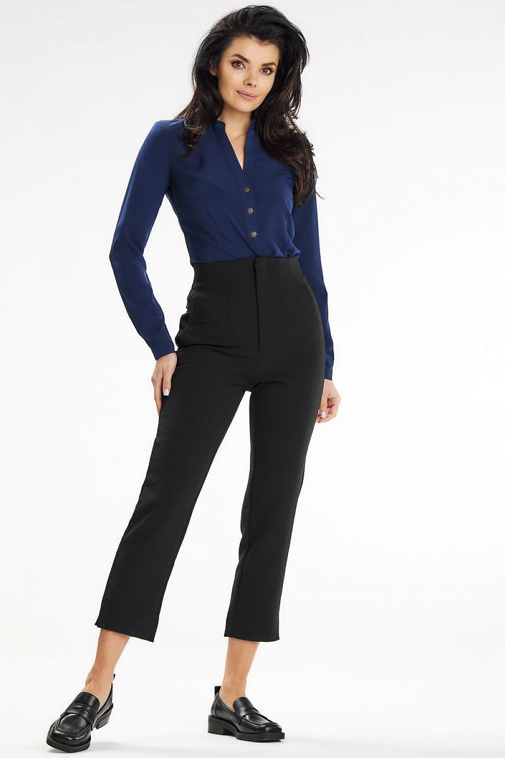 Elegant stand-up blouse by Awama featuring a heart neckline and sophisticated buttoned cuff sleeves.
