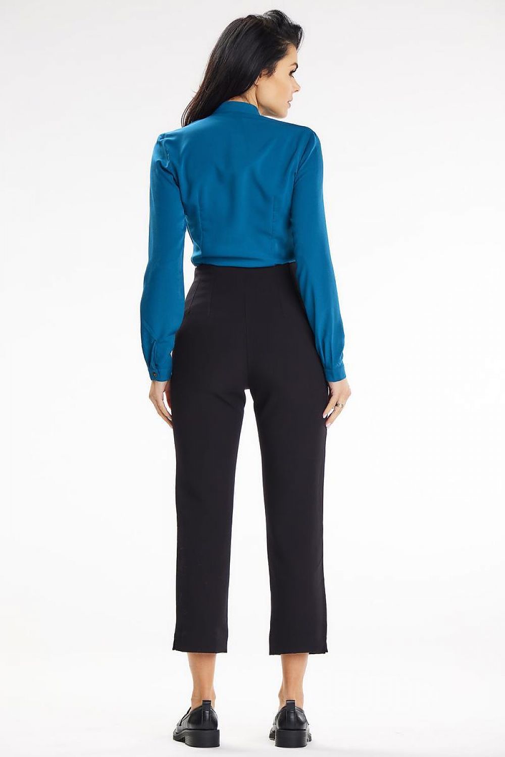 Luxury stand-up blouse by Awama, designed with a flattering heart neckline and fashionable cuffed sleeves.