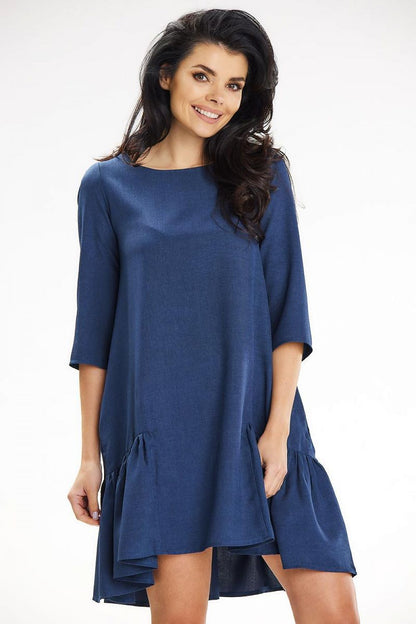 Elegant Awama loose trapeze mini dress featuring 3/4 sleeves and frill detail, perfect for summer chic outings.