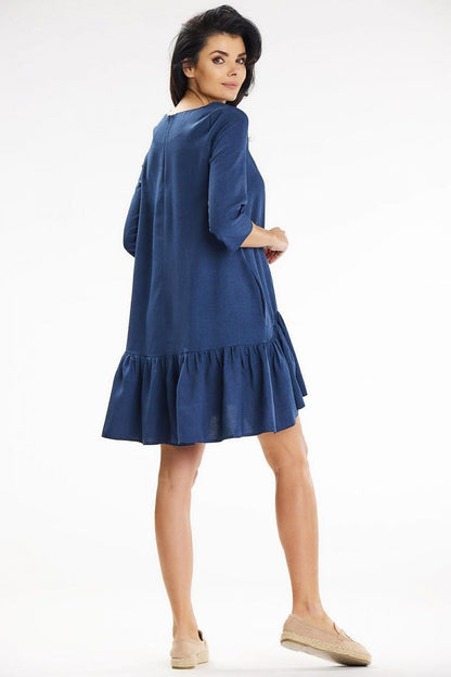 Awama luxurious loose trapeze mini dress with 3/4 sleeves, featuring stylish frill detail at hem and elegant side pockets, perfect for summer outings.