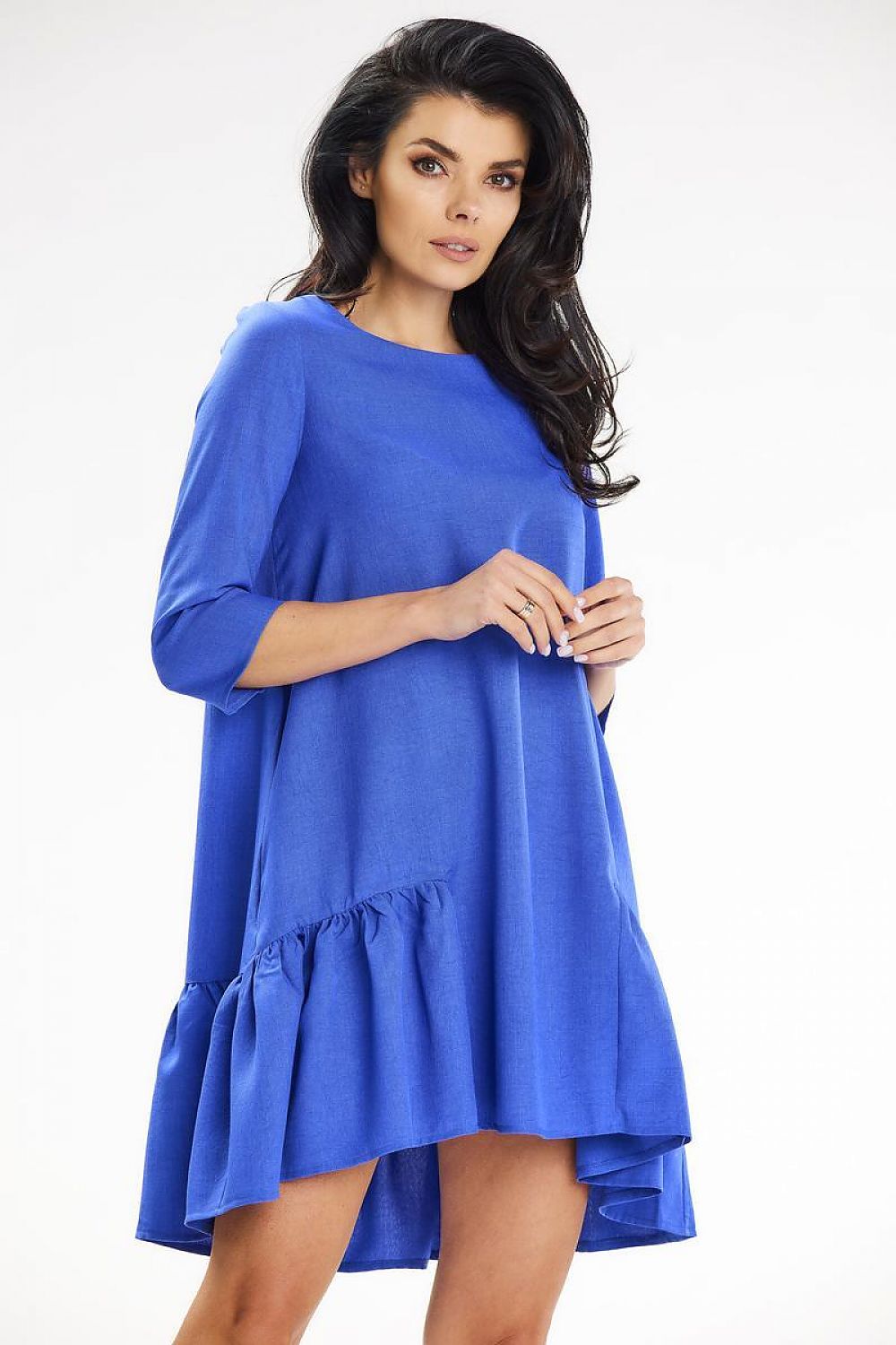 Awama loose trapeze mini dress showcasing 3/4 sleeves, elegant frill detail at the hem, ideal for summer chic styling.