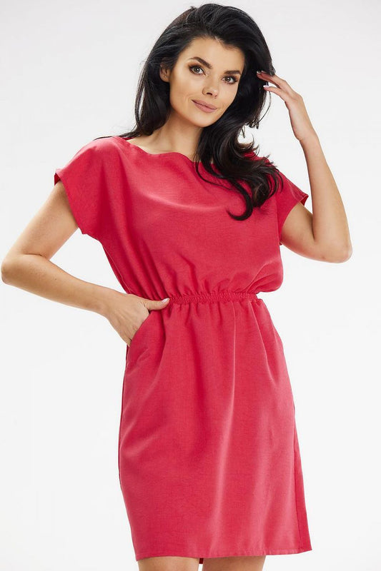 Awama Elegant Mini Dress showcasing a stylish boat neckline and elastic waist, perfect for summer outings.