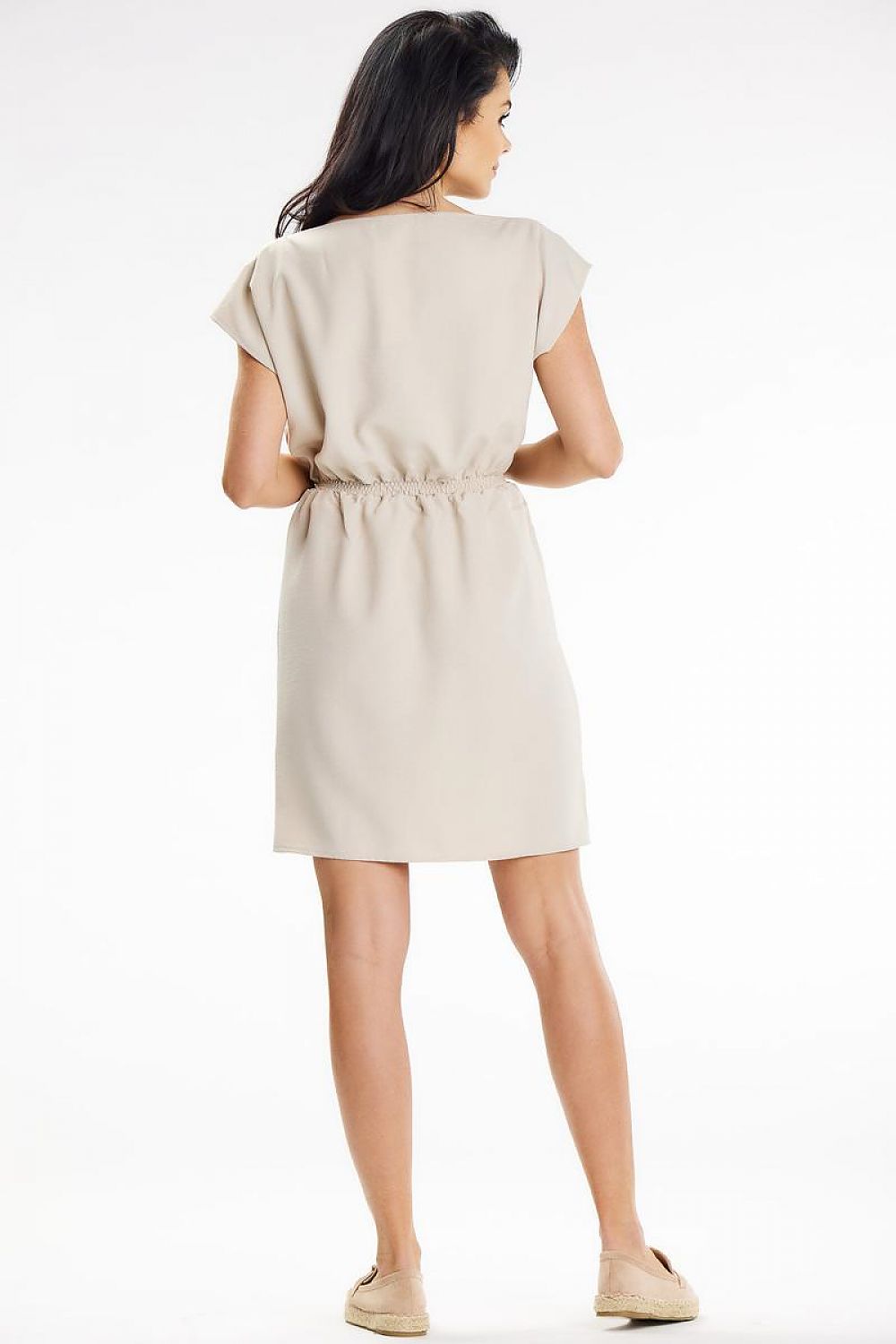 Beautifully draped mini dress by Awama in a summer-ready colour, exemplifying elegance and comfort with boat neckline.