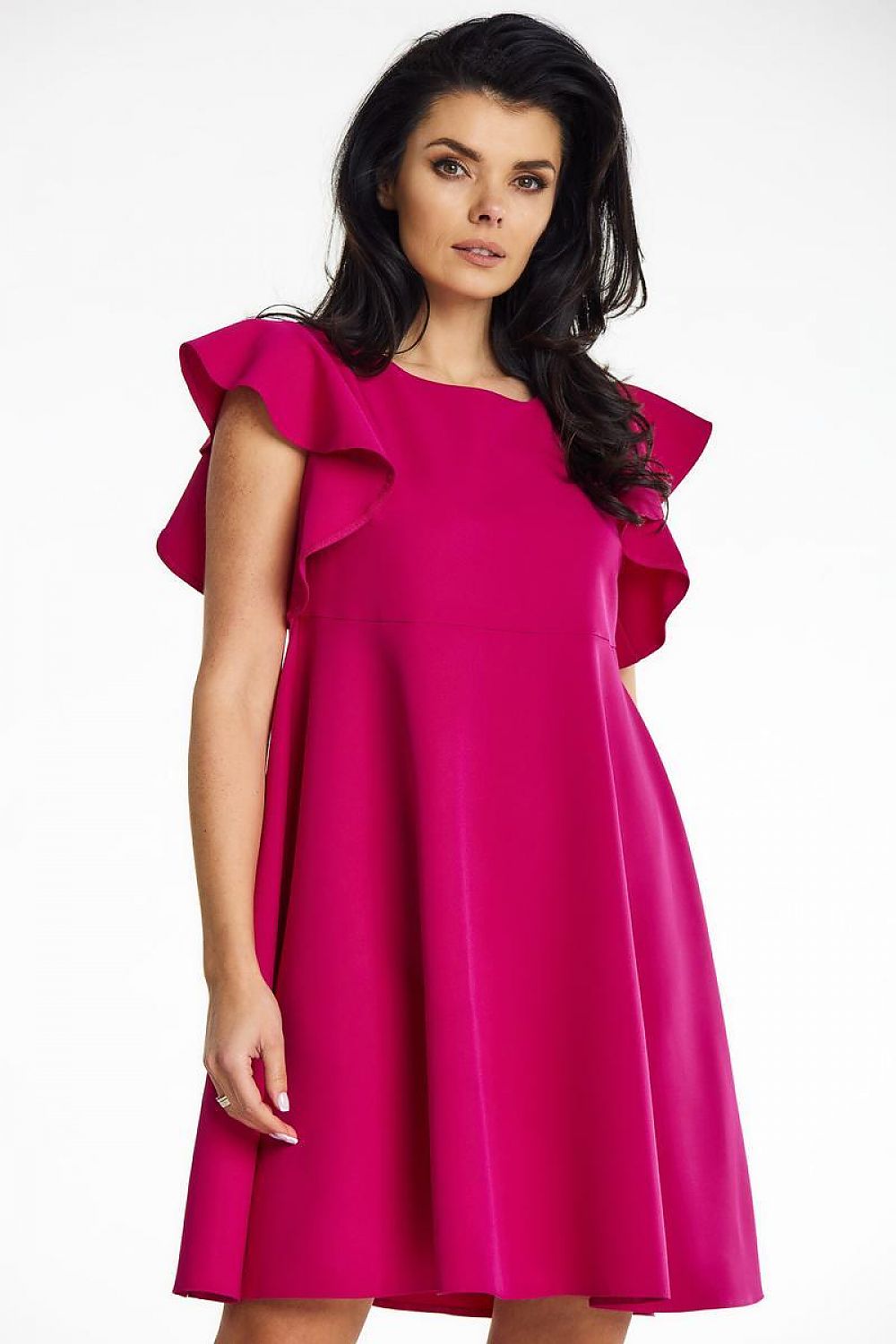 Elegantly designed Awama mini cocktail dress featuring a trapeze cut, frilled shoulders, and a stylish round neckline, perfect for upscale events.