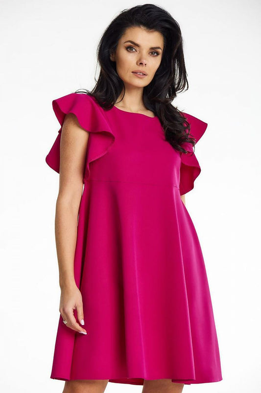 Elegantly designed Awama mini cocktail dress featuring a trapeze cut, frilled shoulders, and a stylish round neckline, perfect for upscale events.