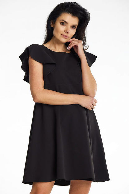 Elegant Awama mini cocktail dress featuring a trapeze cut, soft frilled shoulders, and a sophisticated round neckline.