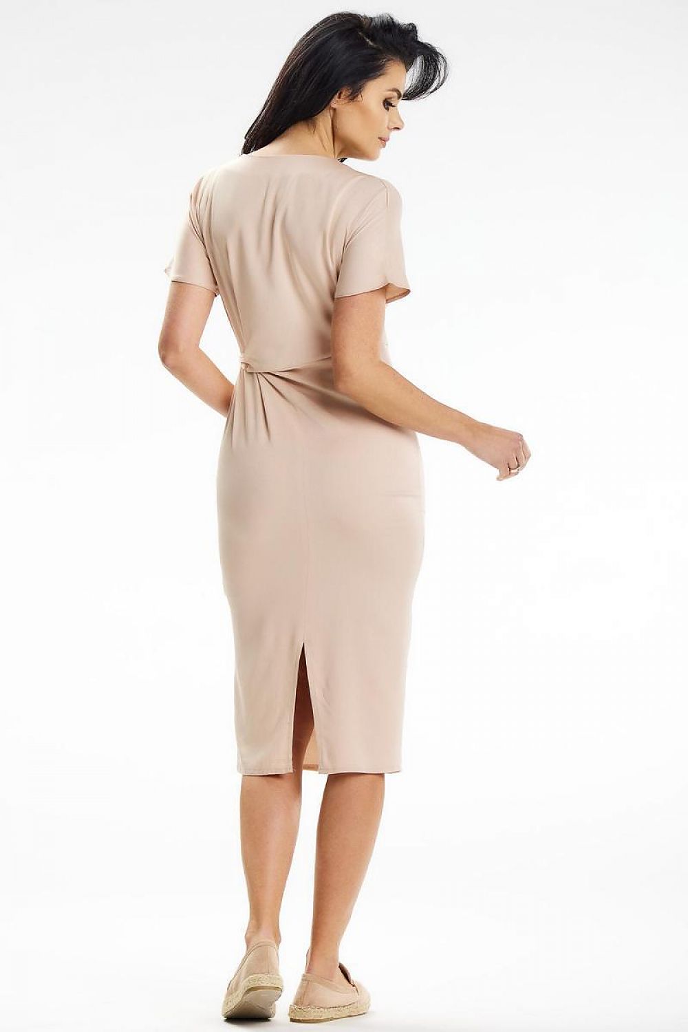 Close-up of Awama's luxurious midi dress showcasing the asymmetrical binding detail and premium fabric.