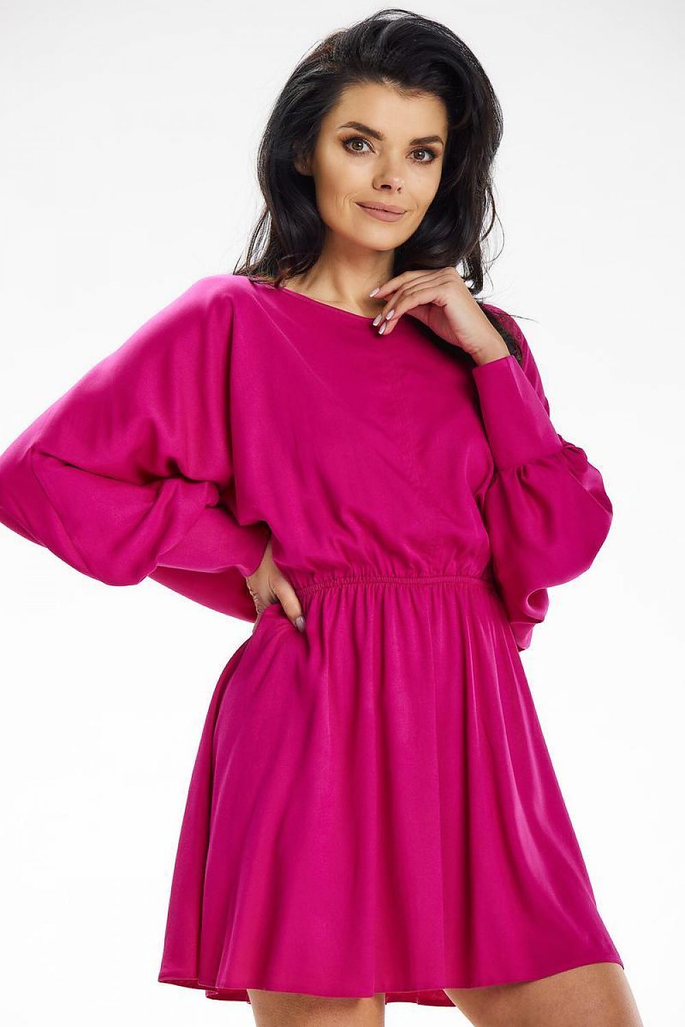 Elegant mini dress with kimono top and elastic waistband by Awama, featuring a loose fit, long sleeves, and stylish cuff details, perfect for versatile styling on special occasions.