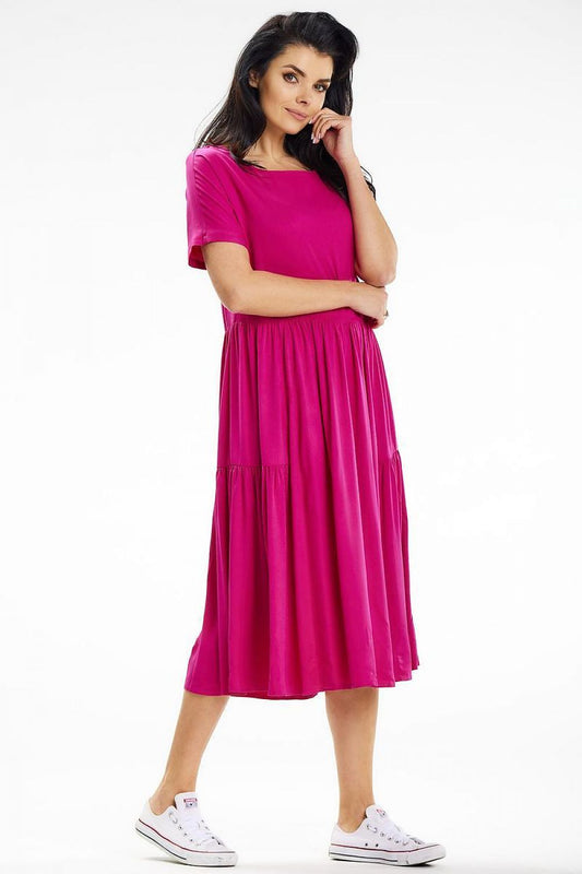 Awama loose midi dress with frills featuring a boat neckline and short sleeves, perfect for summer elegance.