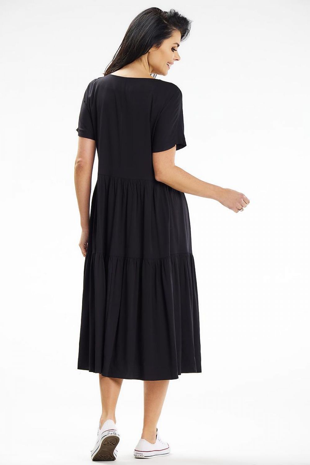Stylish Awama midi dress with frills, suitable for both casual and dressy summer occasions.
