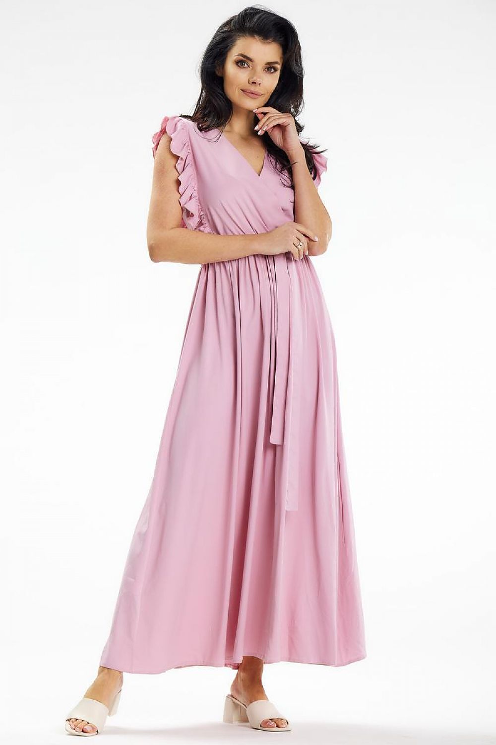 Awama summer maxi dress featuring elegant ruffles, a belted waist, and an envelope neckline, perfect for beach or city style.