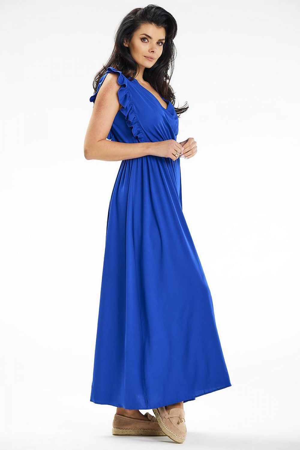 Awama summer maxi dress featuring ruffles and a belted waist, perfect for elegant beach and city wear.