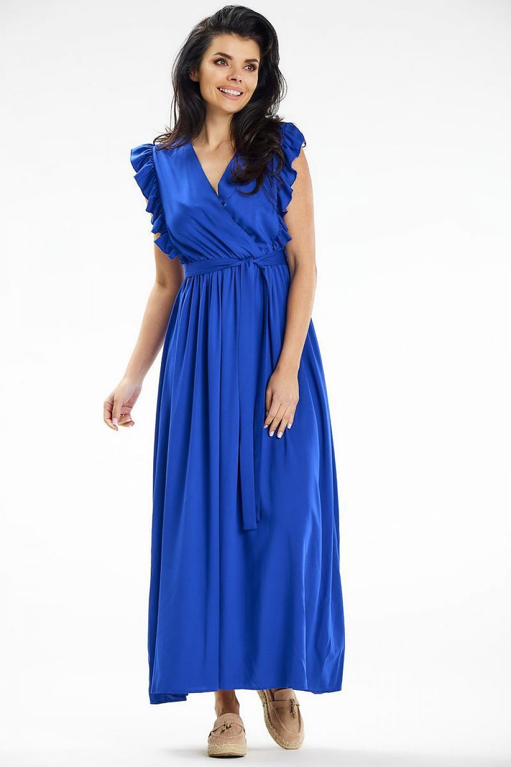 Stylish Awama summer maxi dress with shoulder ruffles and flattering silhouette, ideal for sophisticated summer events.