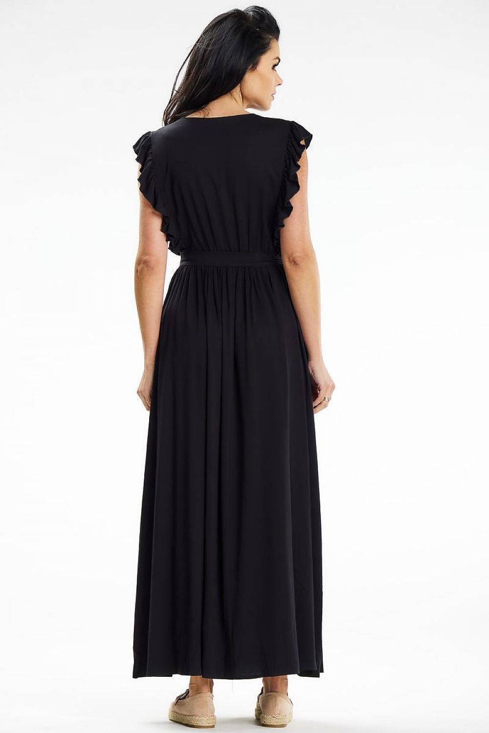 Elegant Awama Summer Maxi Dress featuring ruffles, a belted waist, and envelope neckline perfect for beach and city outings.