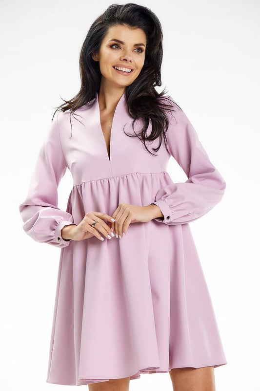 Luxury Awama stand-up collar mini dress featuring a deep neckline and long sleeves, elegantly designed for special occasions, showcasing a slightly fitted silhouette at the top and a flared bottom for a stylish look.