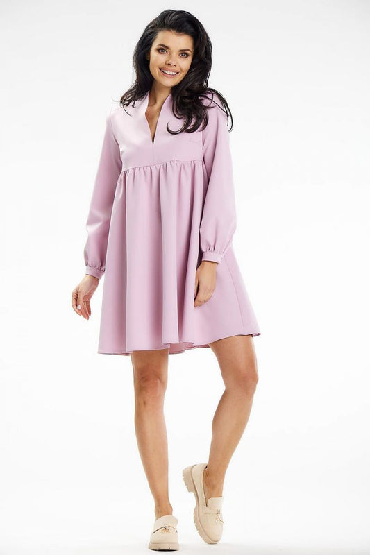 Elegant Awama Stand-Up Collar Mini Dress featuring a deep neckline and long sleeves, perfect for special occasions.