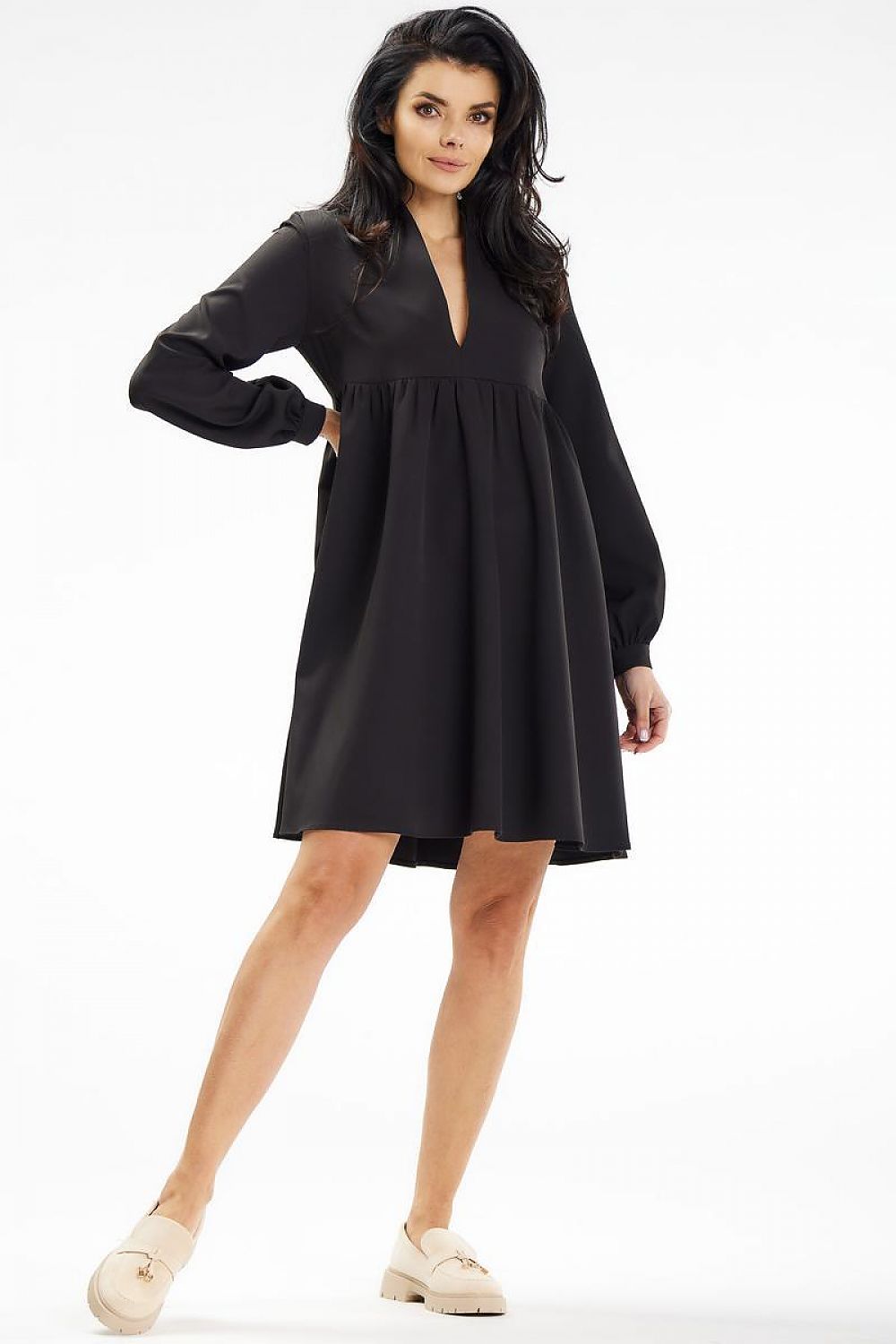 Fashion-forward Awama Mini Dress in classic black, featuring a timeless stand-up collar, designed for special occasions.