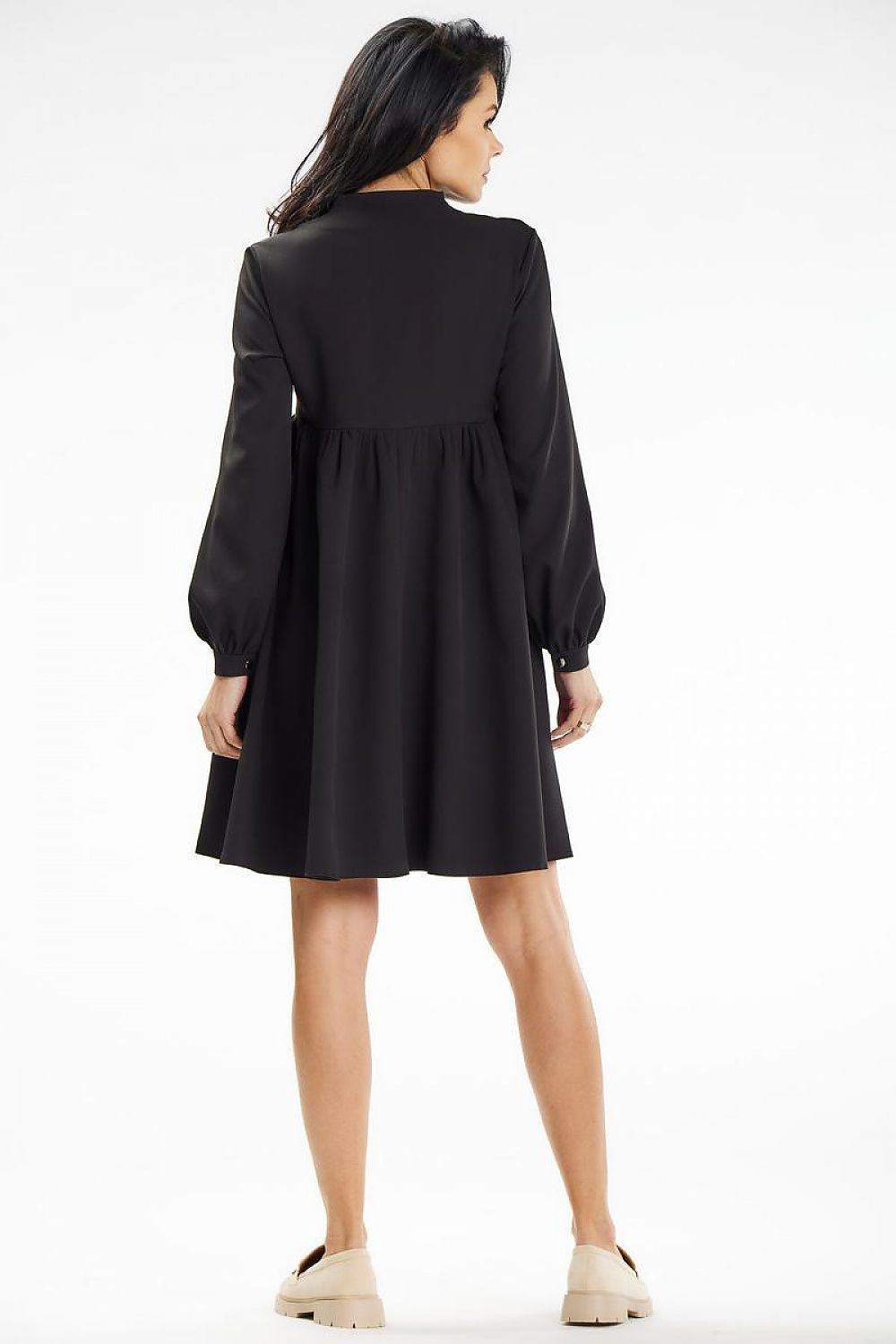 Elegant Awama stand-up collar mini dress featuring a deep neckline and long sleeves, perfect for special occasions.