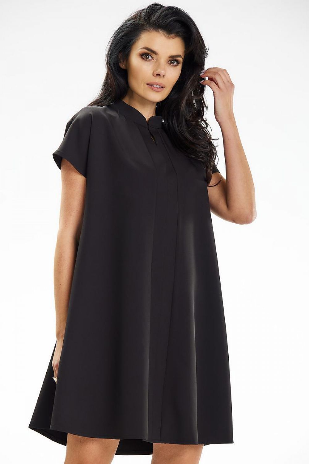 Elegant trapeze mini dress by Awama featuring a stand-up collar and slit neckline, perfect for sophisticated outings.