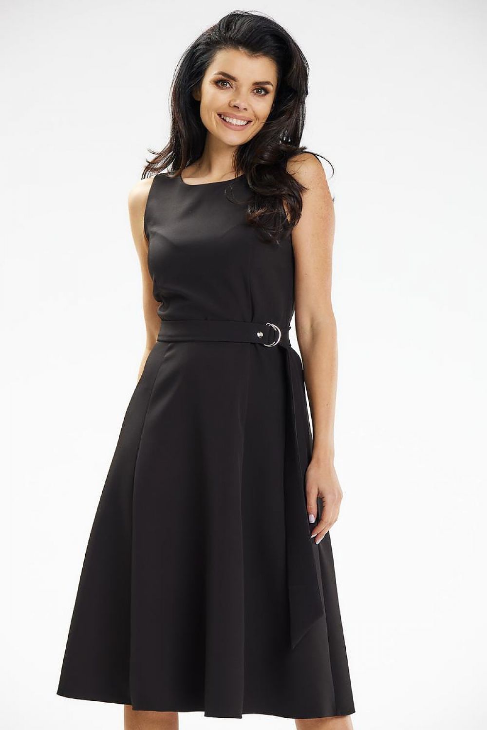 Model wearing Awama's elegant strapless midi dress, ideal for birthdays and theatre outings.