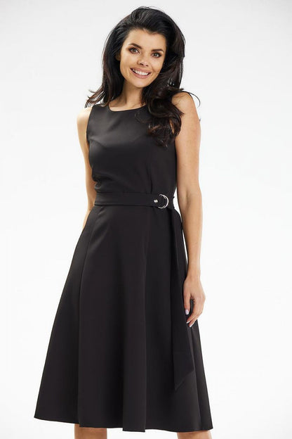 Model wearing Awama's elegant strapless midi dress, ideal for birthdays and theatre outings.