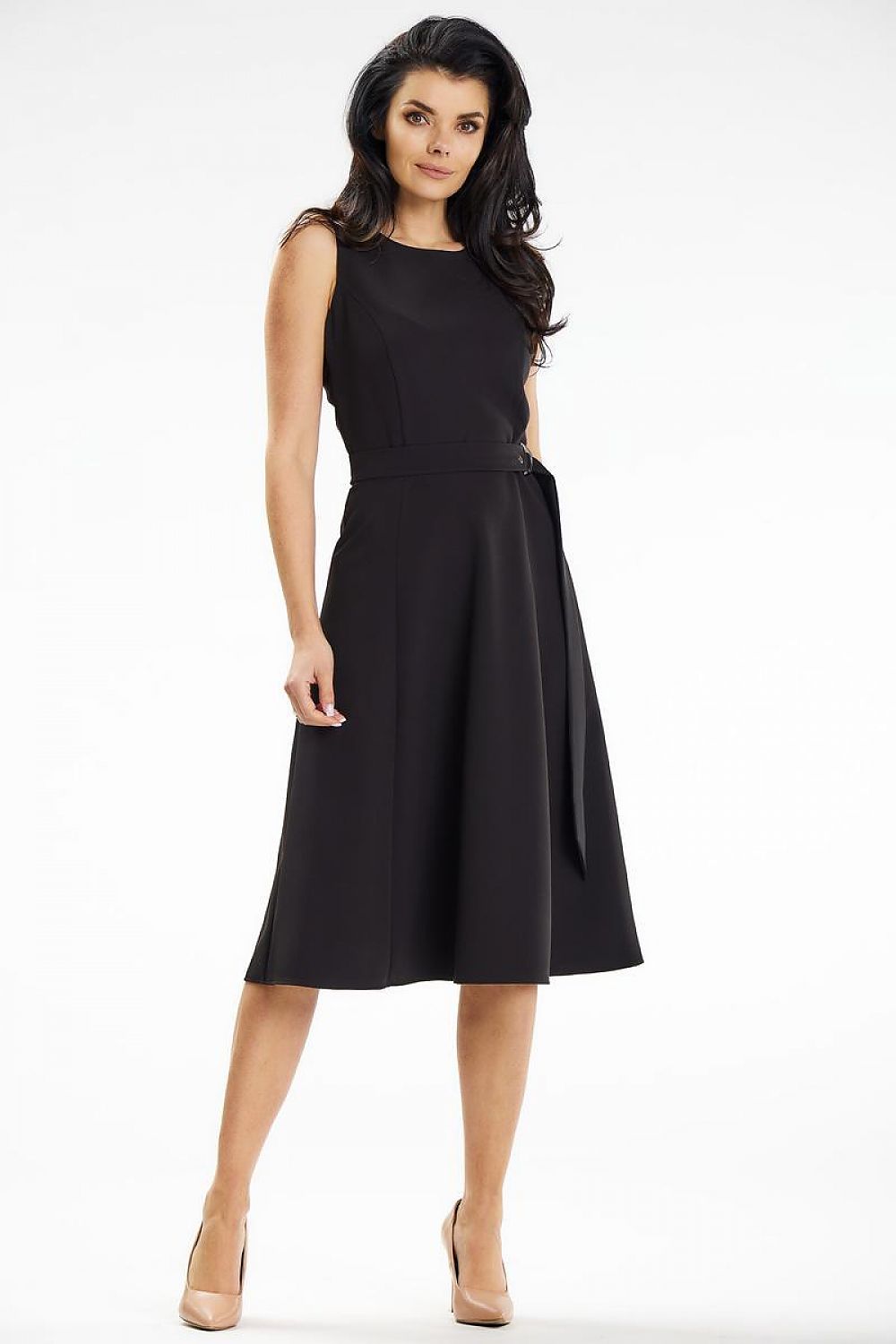 Back view of Awama's elegant strapless midi dress highlighting the concealed zipper and flattering silhouette.