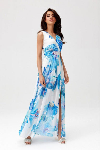 Elegant chiffon maxi dress by Roco Fashion featuring a stylish cutout back and flared skirt, perfect for sophisticated occasions.