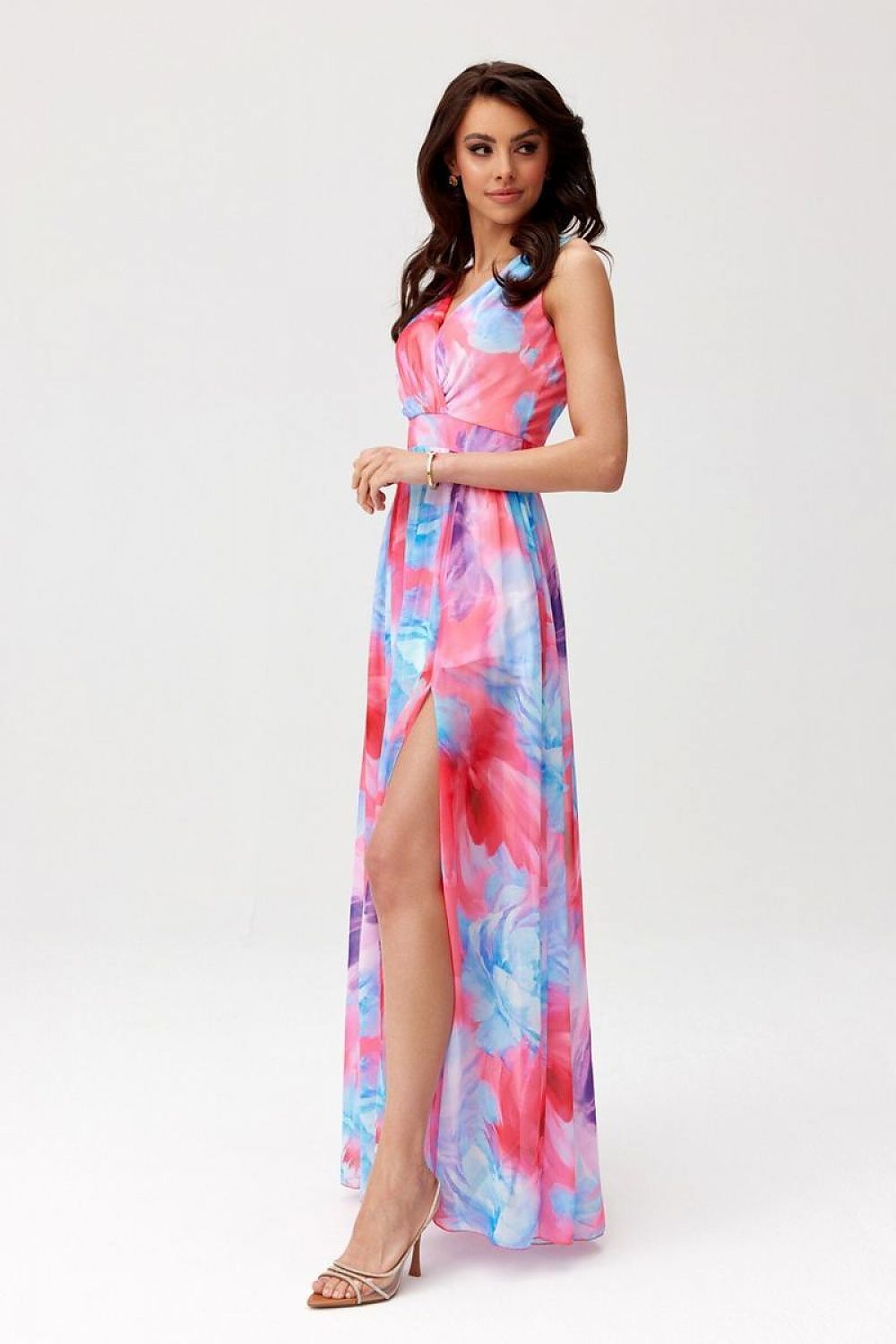 Model wearing Roco Fashion's elegant chiffon maxi dress, highlighting the delicate layered neckline and supportive thick straps for stylish comfort.