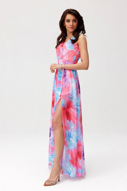Model wearing Roco Fashion's elegant chiffon maxi dress, highlighting the delicate layered neckline and supportive thick straps for stylish comfort.
