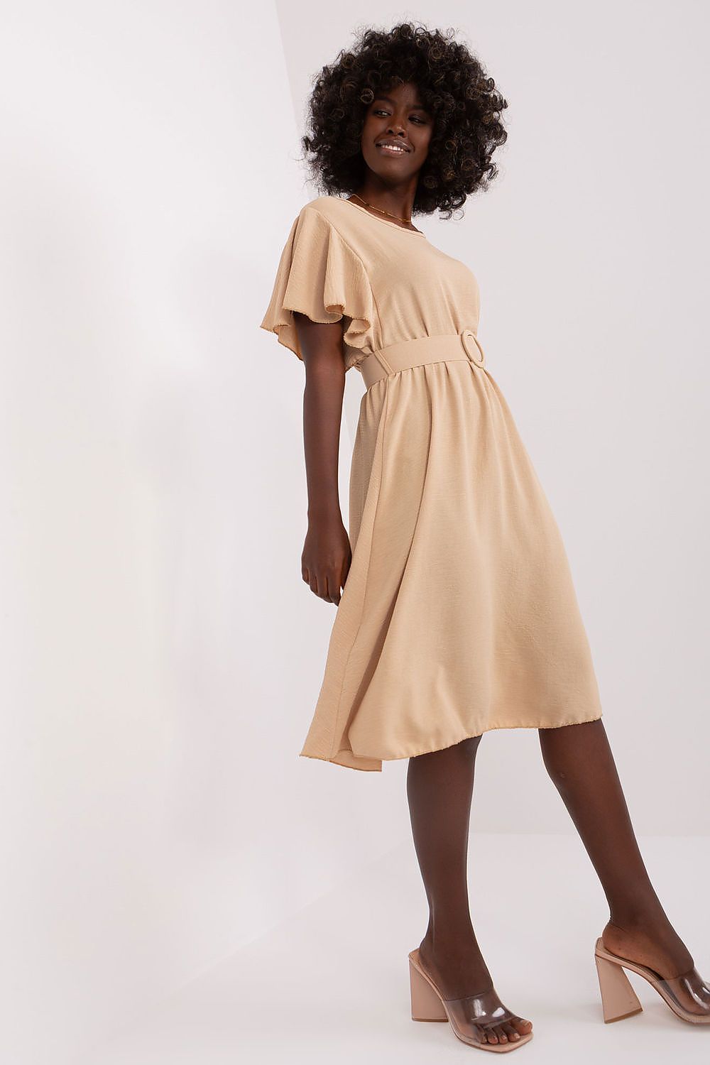 Italy Moda elegant flared summer dress featuring ruffle sleeves and a stylish belt, perfect for casual occasions.