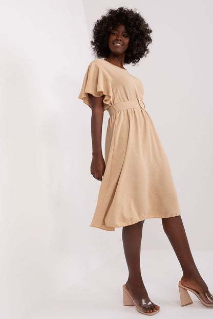 Italy Moda elegant flared summer dress featuring ruffle sleeves and a stylish belt, perfect for casual occasions.