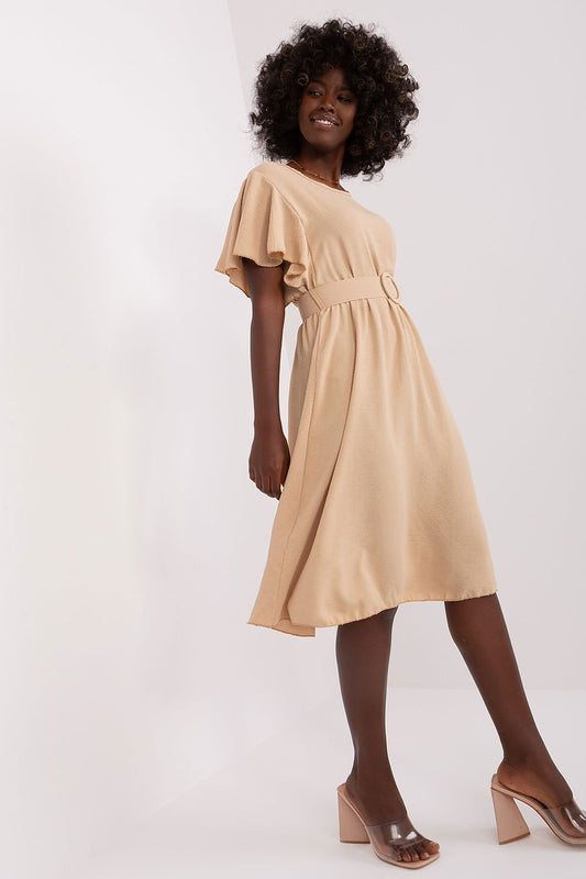Italy Moda elegant flared summer dress featuring ruffle sleeves and a stylish belt, perfect for casual occasions.