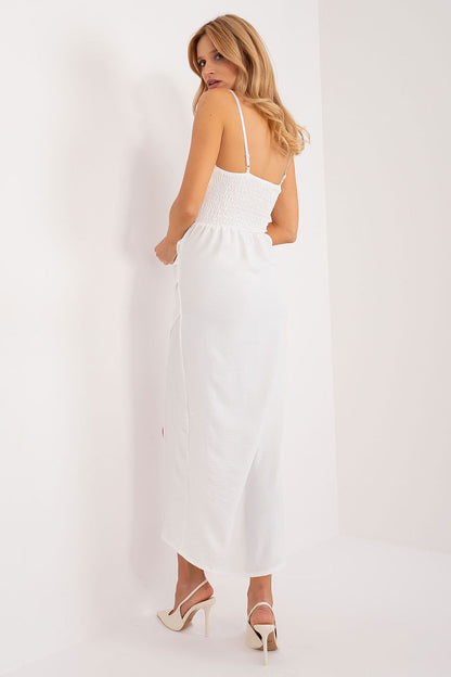 Full view of the Italy Moda Elegant Pencil Dress with a round neckline and delicate thin straps, exuding luxury and confidence for summer occasions.