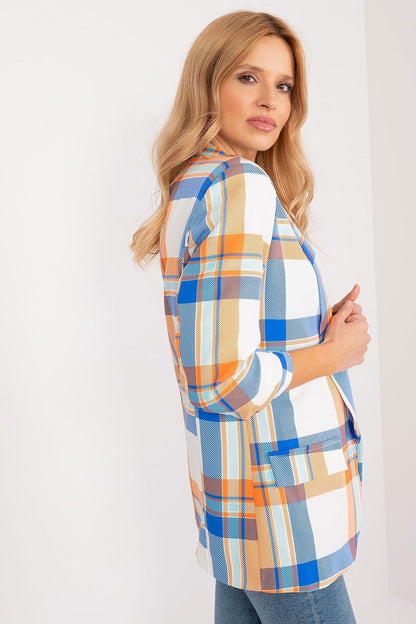 Elegant women's blazer by Italy Moda featuring lined lapels and a colourful check print, perfect for adding sophistication to casual summer outfits.