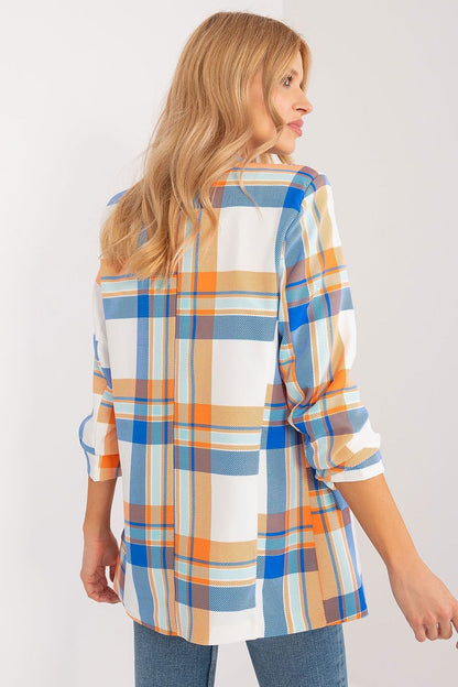 Stylish 3/4 sleeve blazer by Italy Moda designed for women's luxury fashion, showcasing a vibrant check pattern ideal for both work and leisure.