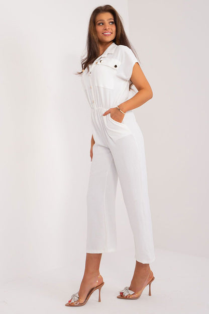 Close-up view of the short sleeve collar design on the Italy Moda women's jumpsuit, highlighting its luxurious and comfortable style.