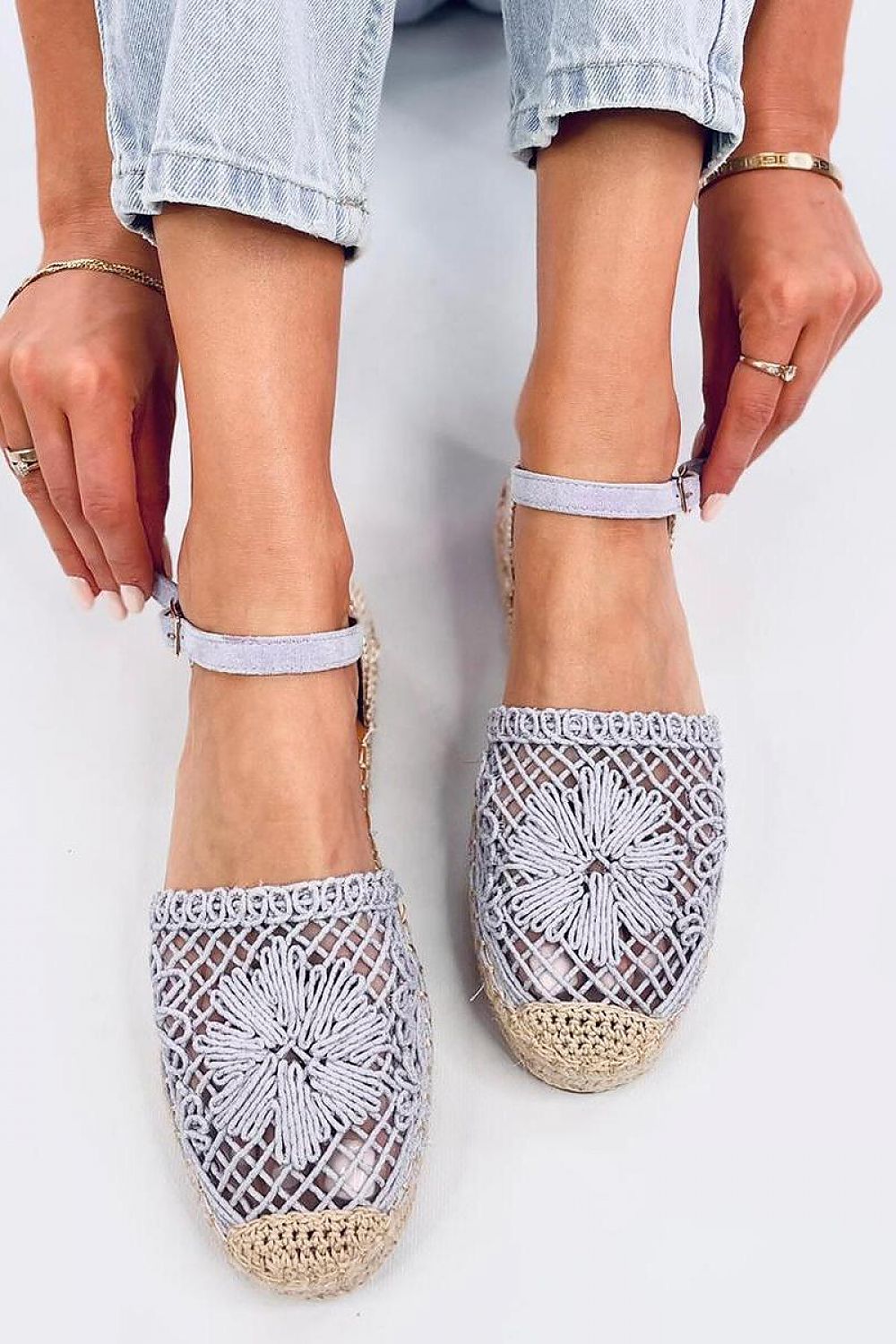 Elegant Inello ecological suede espadrille sandals showcasing adjustable ankle strap and romantic detailing for a sophisticated look in summer attire.