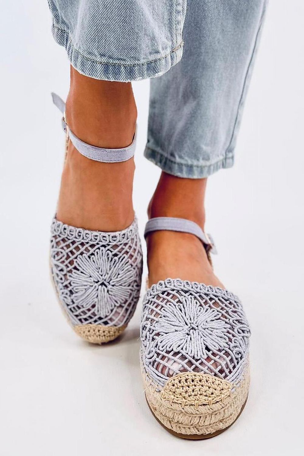 Elegant Inello women's espadrille sandals crafted in ecological suede, featuring a delicate openwork design and adjustable ankle strap, perfect for spring-summer ensembles.