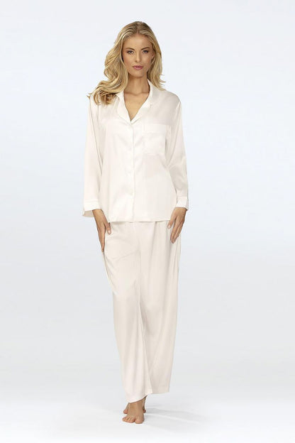 Amina Luxury Satin Pajama Set by DKaren featuring an elegant long-sleeved top and long pants, showcasing the softness of premium satin.