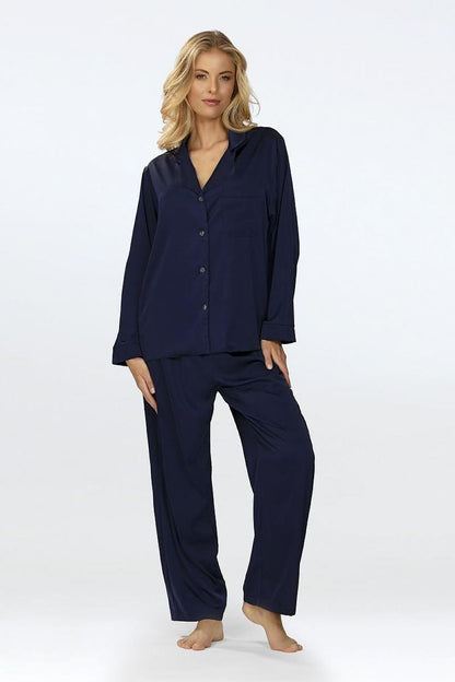 Stylish presentation of Amina Luxury Satin Pajama Set by DKaren in elegant muted shades, perfect for relaxing nights.