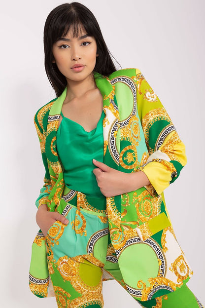 Elegant unbuttoned blazer by Italy Moda featuring a vibrant colourful print, designed for versatility with 3/4 sleeves, perfect for all seasons and occasions.