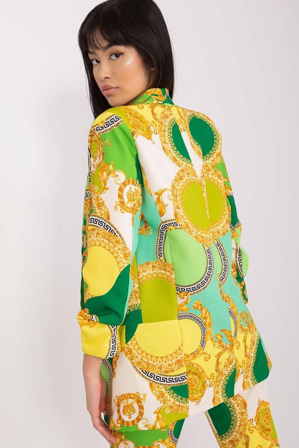 Stylish 3/4 sleeve jacket by Italy Moda, showcasing a unique colourful print ideal for both casual and formal occasions.