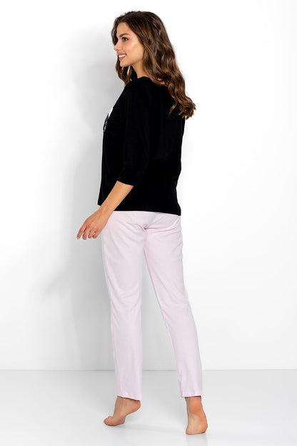 Luxury Women's Pyjama Set showcasing the back view of a chic blouse with 3/4 sleeves and relaxed long pants, ideal for lounging.