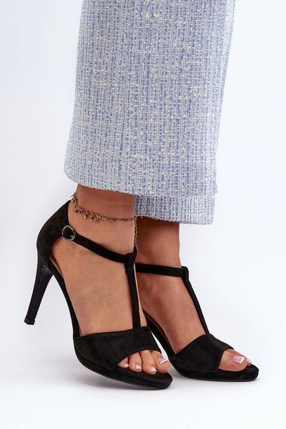 Vinceza Women's Eco-Suede Stiletto Heel Sandals with Adjustable Buckle Strap elegantly showcased, highlighting luxurious design and 10 cm heel height.