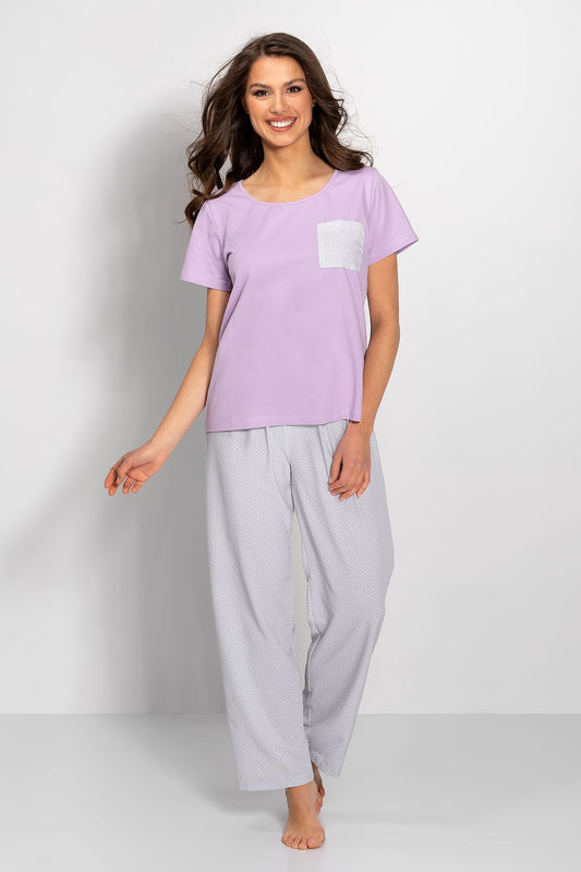 Elegant women's luxury lilac pyjama set featuring a short-sleeved blouse and patterned long pants with decorative bow details, perfect for stylish evening comfort.