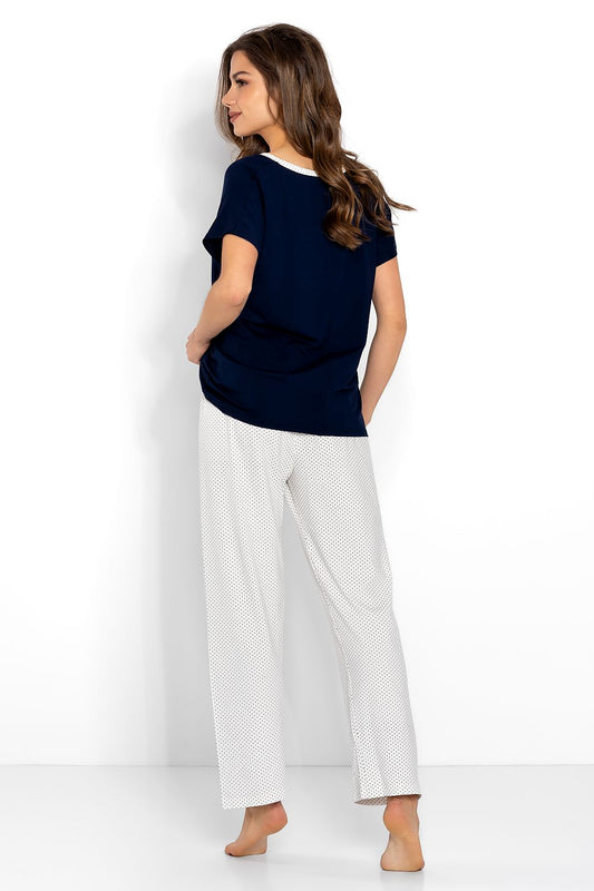 Luxury Women's Pajamas Set showcasing the back view of a short sleeve blouse and loose long pants, designed for ultimate comfort and style.