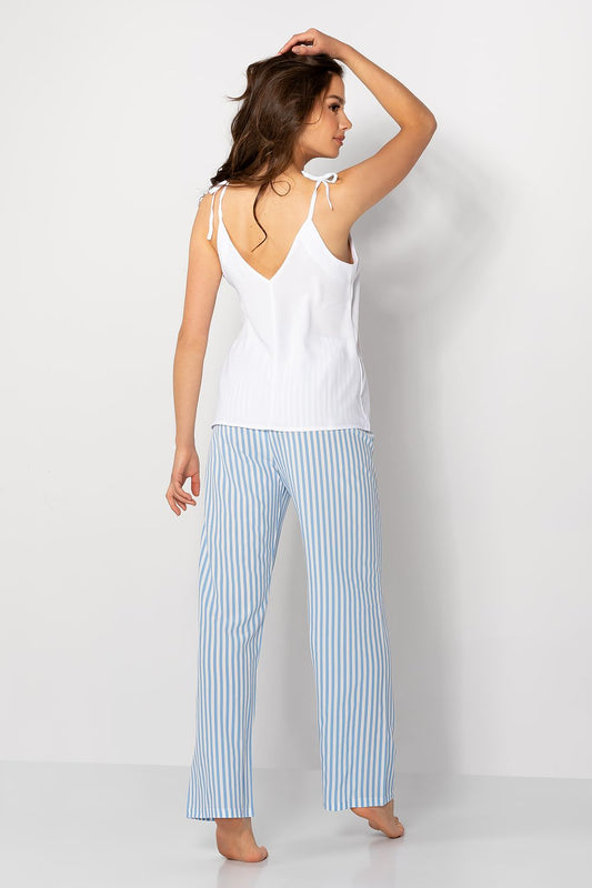 Elegant back view of luxury ladies' pyjamas set, showcasing a chic white T-shirt with a pointed neckline and tied straps, complemented by loose fitting blue and white striped pants.