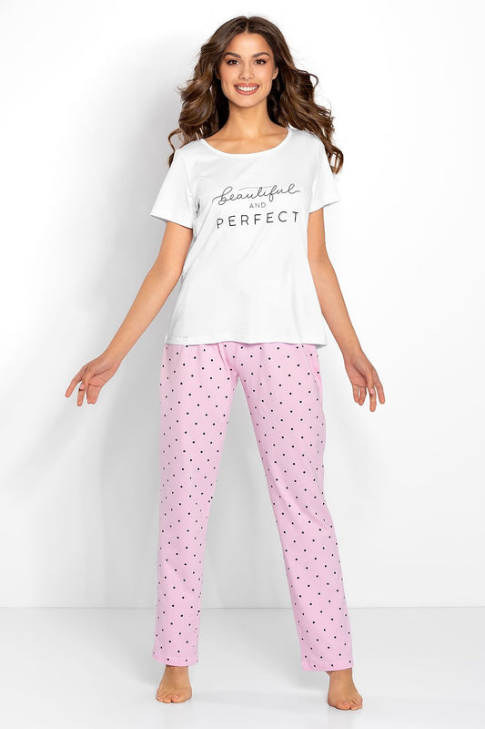 Luxurious feminine cotton pyjamas set in white and pink with dot print by Momenti Per Me, featuring a 'Beautiful and Perfect' t-shirt paired with light pink dot-patterned trousers for sophisticated loungewear.